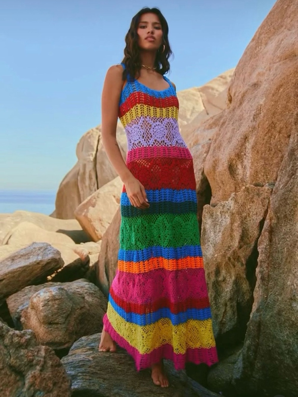 Multicolor Crochet Stripe Maxi Dress - Sleeveless Summer Knit
